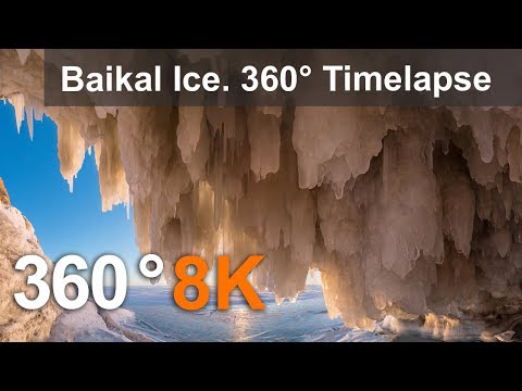 360 video, Baikal Ice. Looking at sunset from ice cave. 8K timelapse