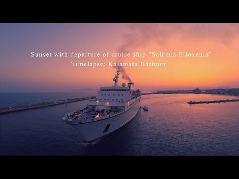 4k short timelapse Sunset with depatute of cruise ship “Salamis Filoxenia”